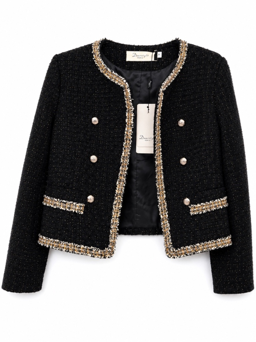 Dearstyle Paris Black Tweed Cropped Jacket Gold Metallic Trim Size M